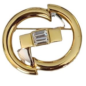 Vintage Courreges Paris Brooch Designer Gold Silver Tone Oval Rhinestone Runway